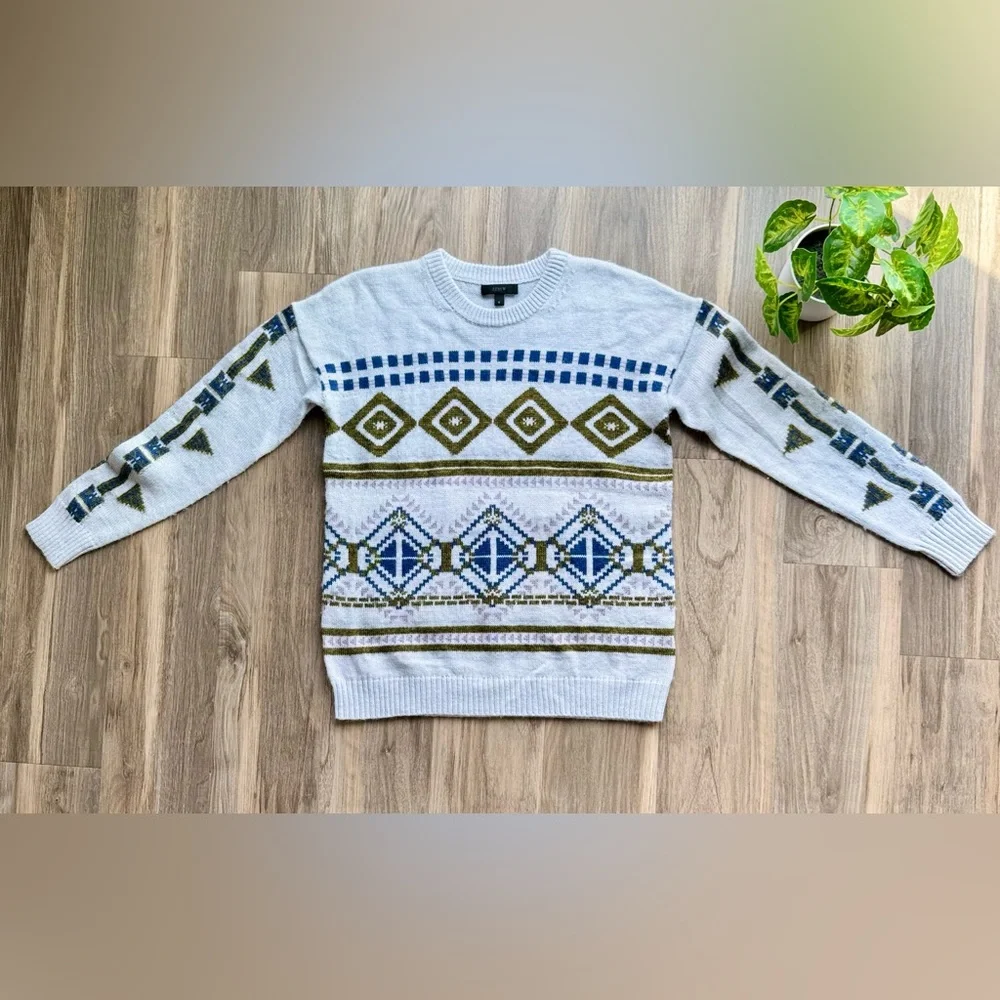 J.Crew Fair Isle Abstract Geometric Knit Sweater Gray Blue Olive‎ – Size Small